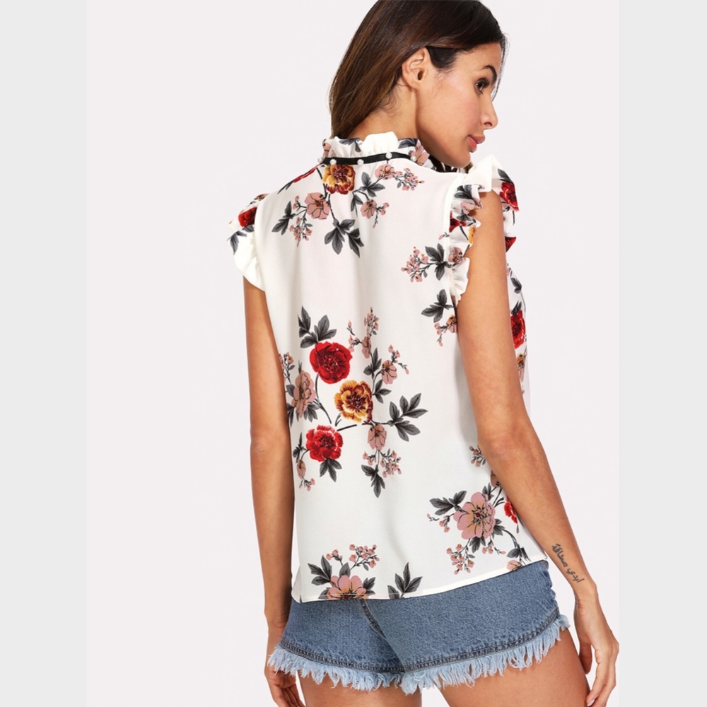 Pearl Embellished Frill Trim Tie Floral Top White - Picture 5 of 8